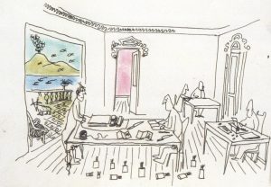 Steinberg’s drawing of the OSS Morale Operations office, Naples, from “Collection of Cartoons Produced by MO Artist Lt. (jg) Saul Steinberg.” NARA, Washington, DC, RG226, E99, Box 40, folder 6.