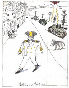 Napoli, March 1944, 1988. Pencil and crayon on paper, 14 x 11 in. Saul Steinberg Papers, Beinecke Rare Book and Manuscript Library, Yale University.