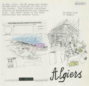 Steinberg’s drawing of the OSS Morale Operations office, Algiers, from “Collection of Cartoons Produced by MO Artist Lt. (jg) Saul Steinberg.” NARA, Washington, DC, RG226, E99, Box 40, folder 6.