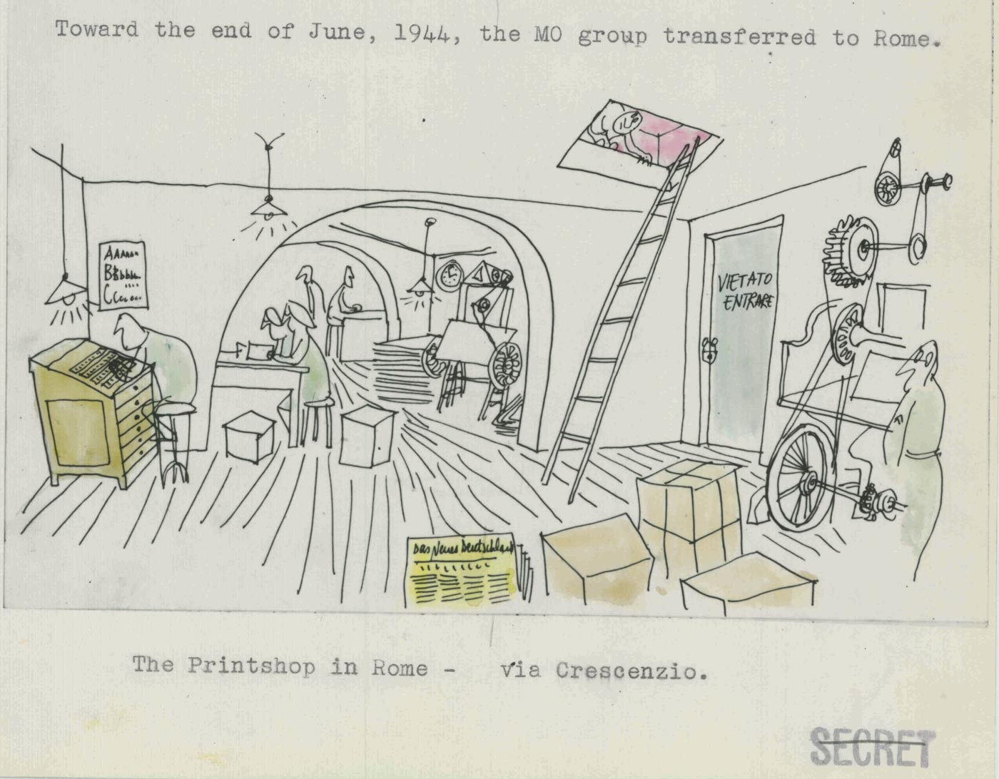 Steinberg’s drawing of the OSS Morale Operations office, Rome, from “Collection of Cartoons Produced by MO Artist Lt. (jg) Saul Steinberg.” NARA, Washington, DC, RG226, E99, Box 40, folder 6.