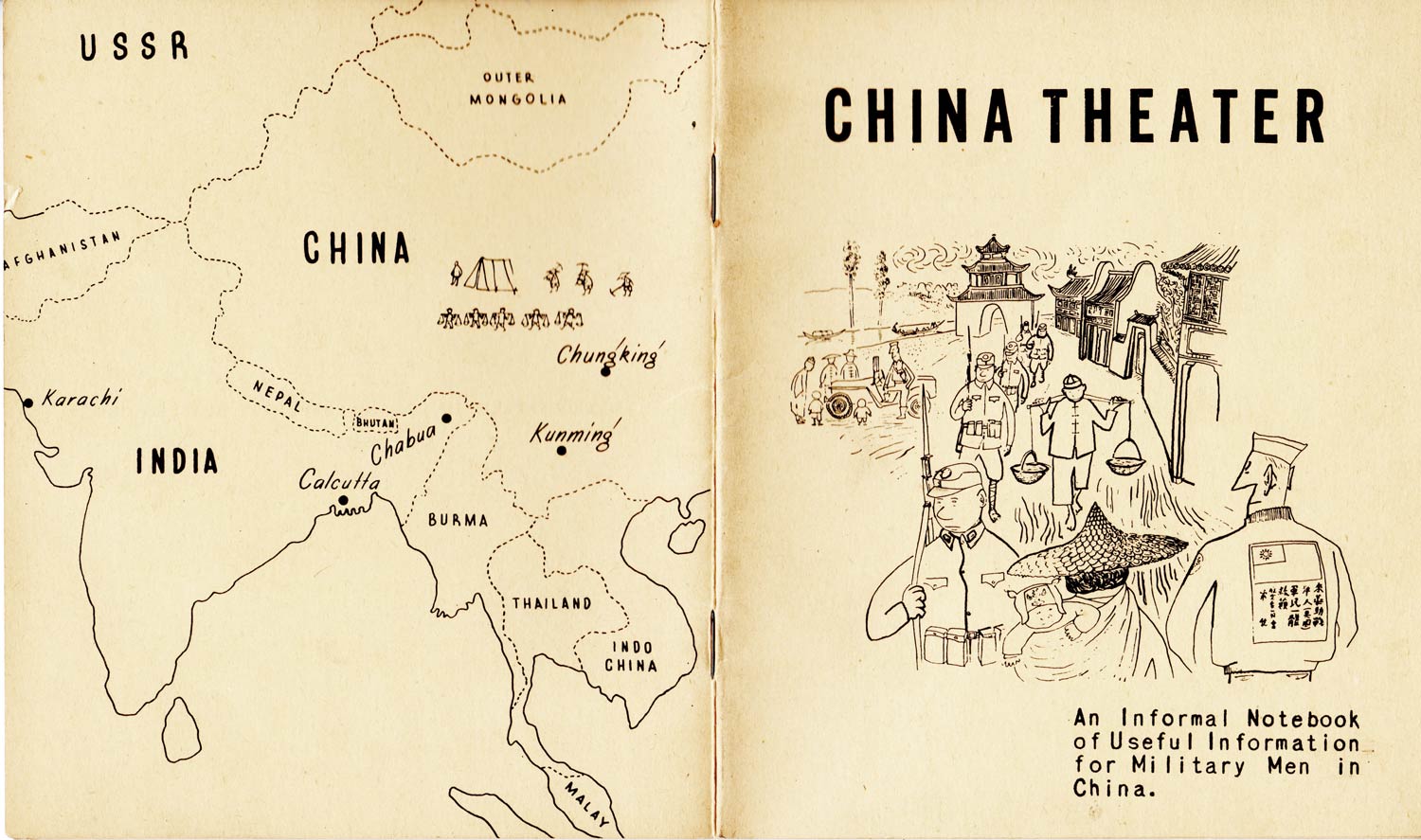 Cover of China Theater: An Informal Notebook of Useful Information for Military Men in China. Produced by the Reproduction Branch of the OSS, probably 1945. The Saul Steinberg Foundation.