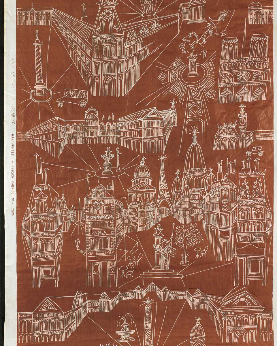 Views of Paris, 1946-49. Silk textile for Patterson Fabrics. The Saul Steinberg Foundation.