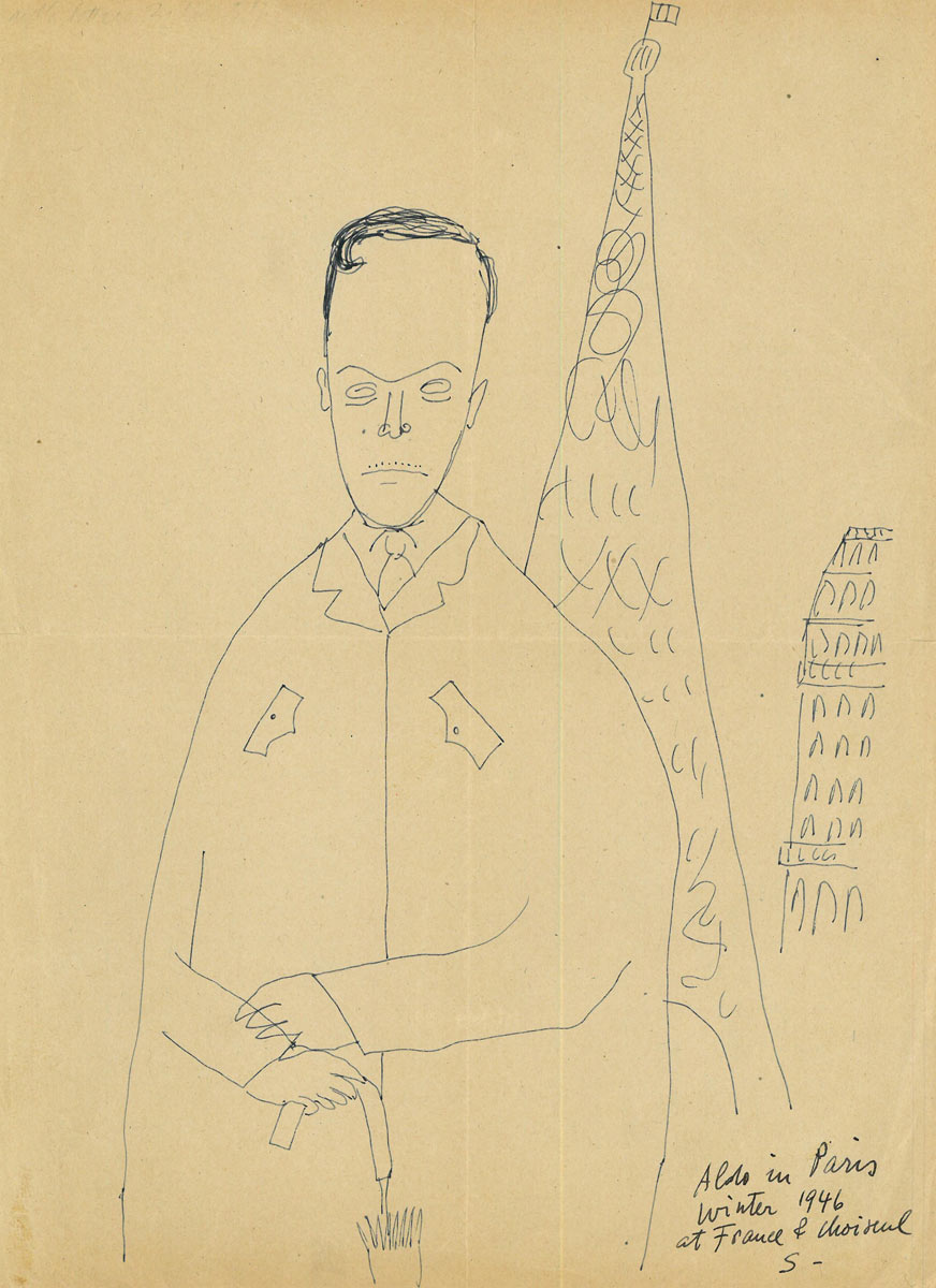 Aldo in Paris, 1946. Ballpoint pen on paper, 12 ½ x 9 ½ in. Collection of Marina Marchesi and Franco Salghetti-Drioli.