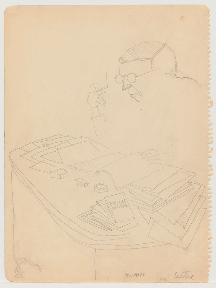 Sartre, 1946. Pencil on paper torn from sketchbook, 12 x 9 in. The Saul Steinberg Foundation.