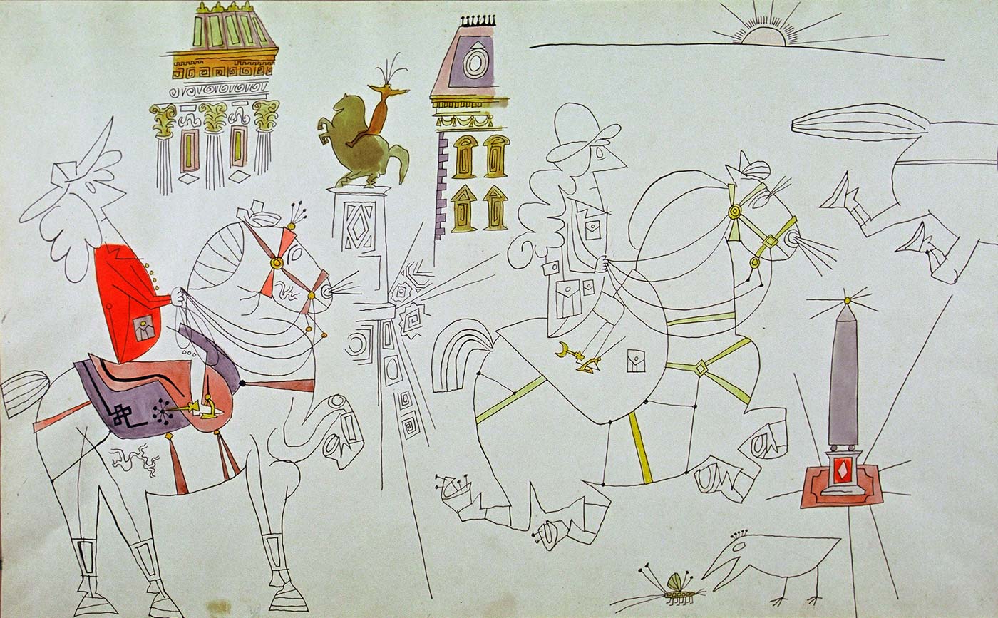 Drawing for mural at Bonwit Teller’s department store. The Obelisk Rider, 1947. Watercolor and ink on paper, 14 ½ x 23 in. Collection of Carol and Douglas Cohen.