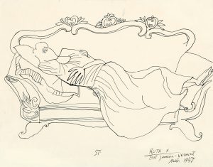 Ruth N[ivola]. East Jamaica, Vermont, August 1947. Ink on paper, 11 x 14 in. The Saul Steinberg Foundation.