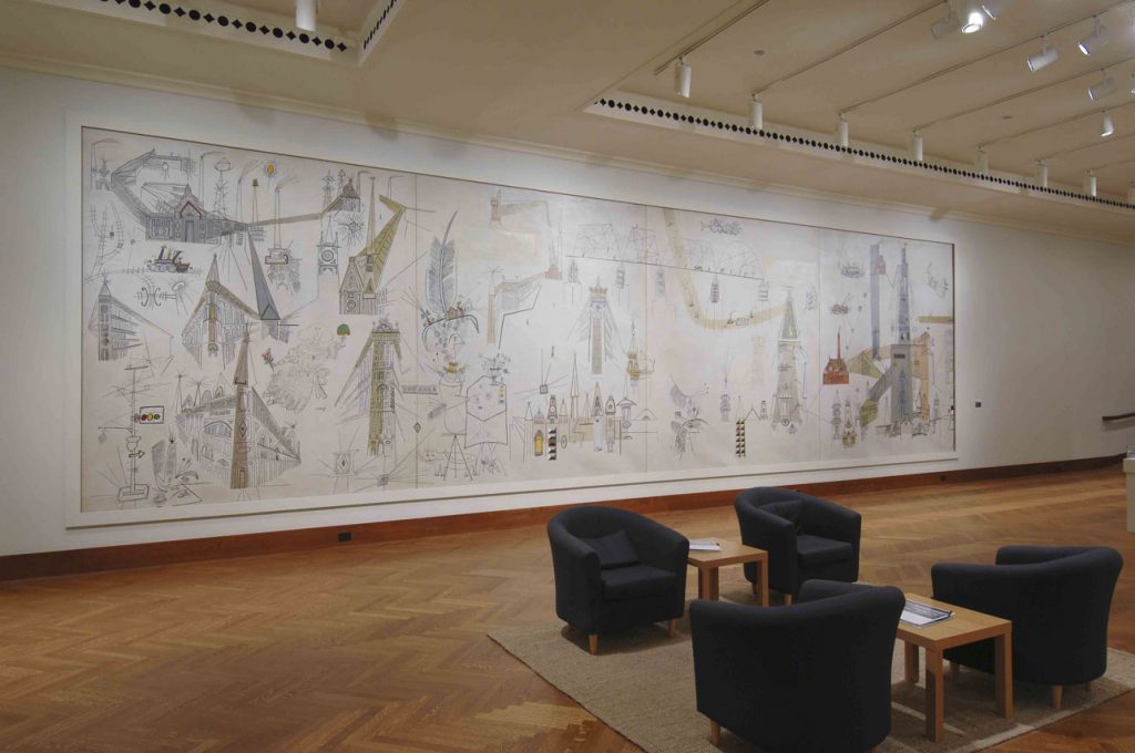 Postcard, c. 1950, of the Skyline Room with Steinberg’s mural, Terrace Plaza Hotel, Cincinnati.