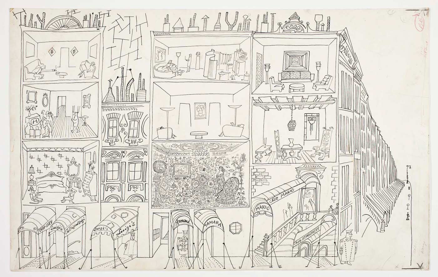 One of Steinberg’s drawings for his mural of Detroit at “An Exhibition for Modern Living,” Detroit Institute of Arts, 1949. Ink over pencil on paper, 14 5/8 x 23 1/8 in. Detroit Institute of Arts; Gift of the J.L. Hudson Company.