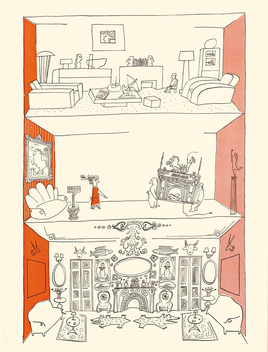One of Steinberg’s drawings for his mural of Detroit at “An Exhibition for Modern Living,” as reproduced in the catalogue, with color added.
