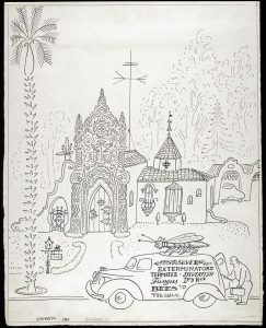 Original drawing for the portfolio “The Coast,” The New Yorker, January 27, 1951. Exterminator No. 9, 1950, ink on paper, 14 ½ x 11 ½ in. Saul Steinberg Papers, Beinecke Rare Book and Manuscript Library, Yale University.
