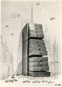 One of the photoworks used in “The City by Steinberg,” Flair (September 1950). Later titled Chest of Drawers Cityscape. Gelatin silver print, 9 5/8 x 6 7/8 in. The Saul Steinberg Foundation.