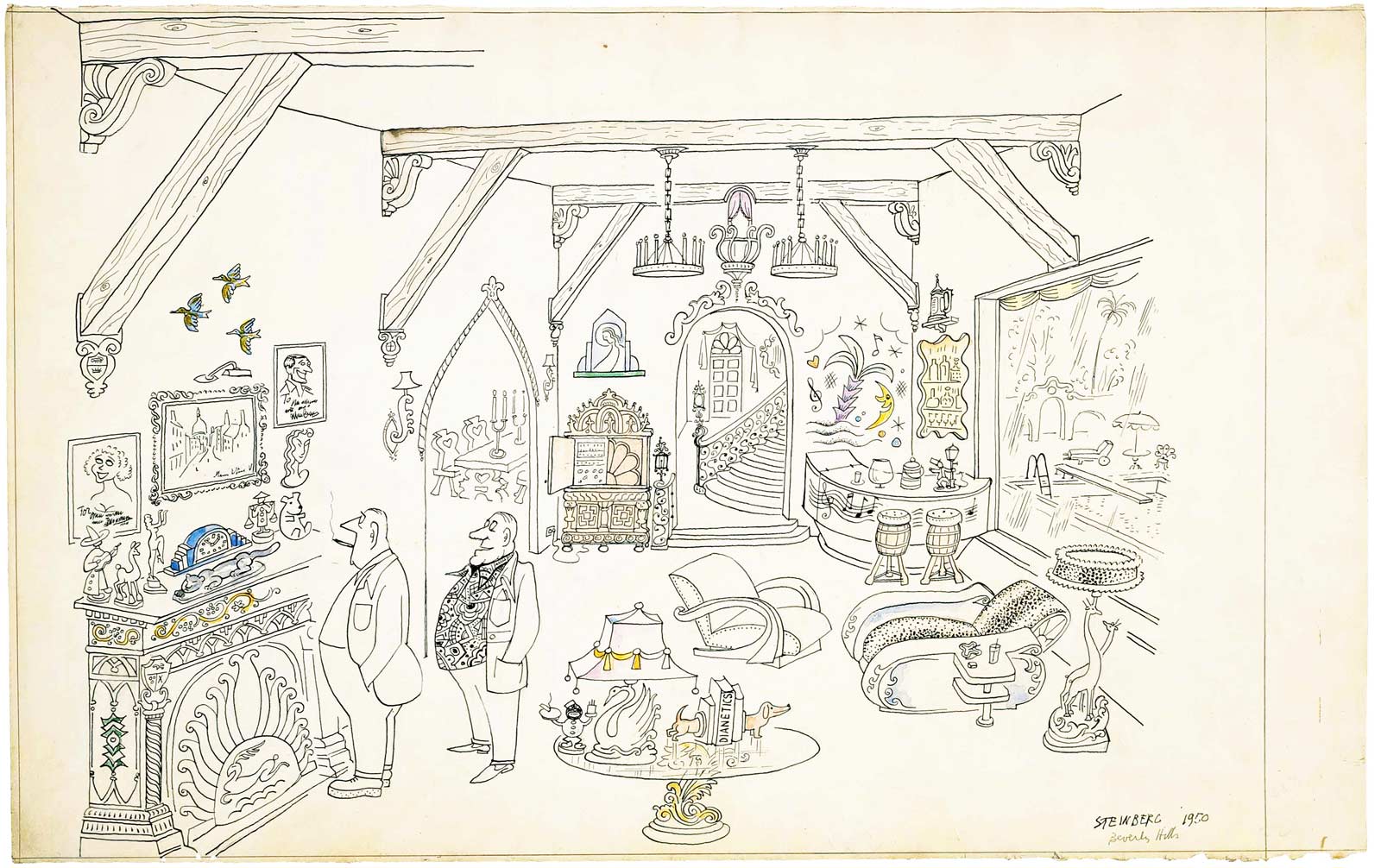 Original drawing for the portfolio “The Coast,” The New Yorker, January 27, 1951. Beverly Hills, 1950, ink on paper, 14 ½ x 23 1/8 in. Saul Steinberg Papers, Beinecke Rare Book and Manuscript Library, Yale University.