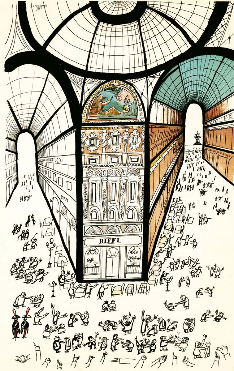 Galleria di Milano, 1951. Ink and watercolor on paper, 23 x 14 ½ in. Private collection.
