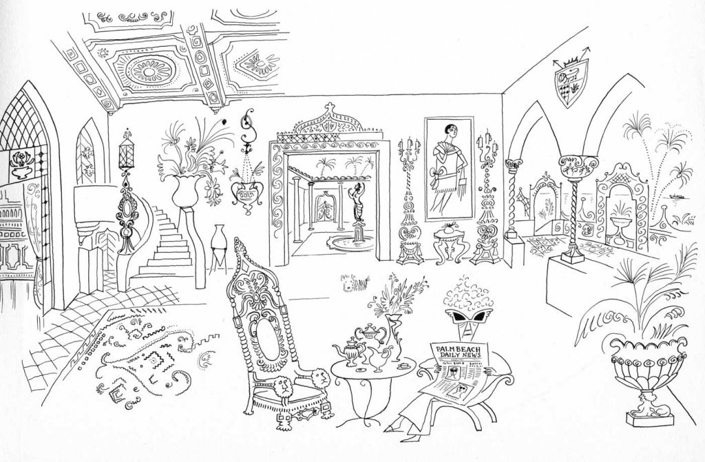 One of Steinberg’s drawings for Cleveland Amory’s article “Palm Beach,” LIFE, January 21, 1952. Steinberg added his own commentaries. This one reads: “The resort’s formidable hostesses lean toward ‘Early Bastardian Spanish’ architecture.”