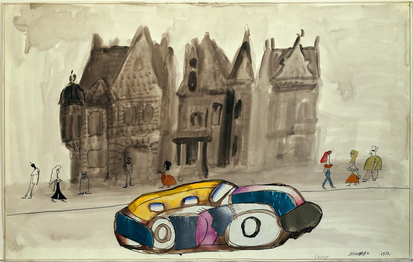 Chicago, 1952. Ink, crayon, watercolor, and foil collage on paper, 14 ½ x 23 in. The Saul Steinberg Foundation.