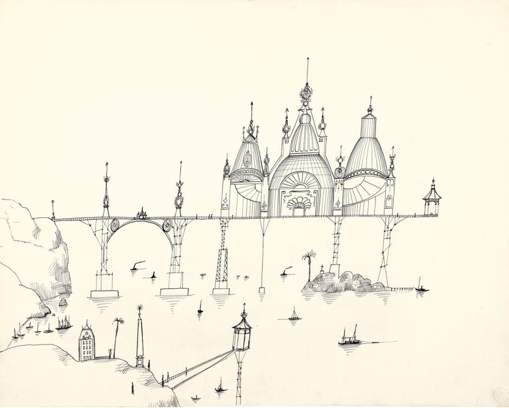 Untitled (Ironwork Pier), c. 1952. Ink on paper, 23 x 29 in. The Saul Steinberg Foundation. A pastiche of architecture seen in Brighton and Eastbourne.