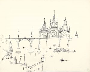 Untitled (Ironwork Pier), c. 1952. Ink on paper, 23 x 29 in. The Saul Steinberg Foundation. A pastiche of architecture seen in Brighton and Eastbourne.