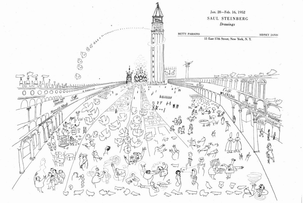 Annoucement card for Steinberg’s show at the Betty Parsons and Sidney Janis galleries, New York, 1952.