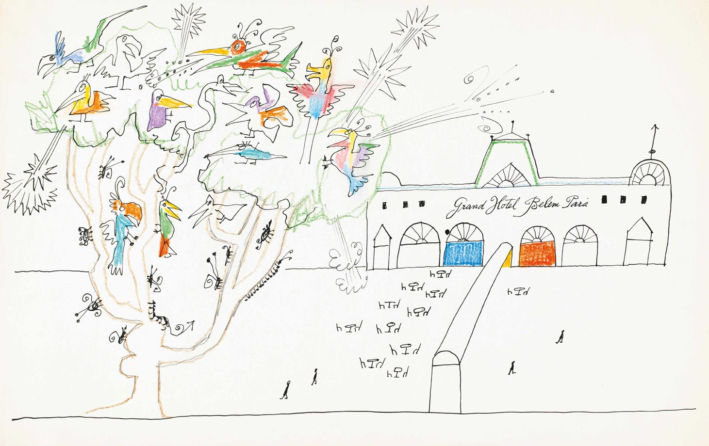 Grand Hotel Belém, 1952. Ink, crayon, and pencil on paper, 14 ½ x 23 in. The Saul Steinberg Foundation.