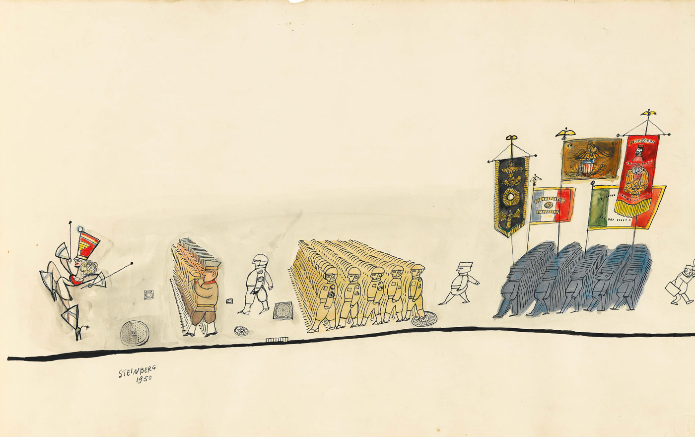 Three panels from Parade, 1950. Ink, wash, crayon, gold paper on paper, 14 9/16 x 23 1/16 each. The Metrpolitan Museum of Art, New York; Purchase, Elihu Root, Jr. Gift and Rogers Fund.