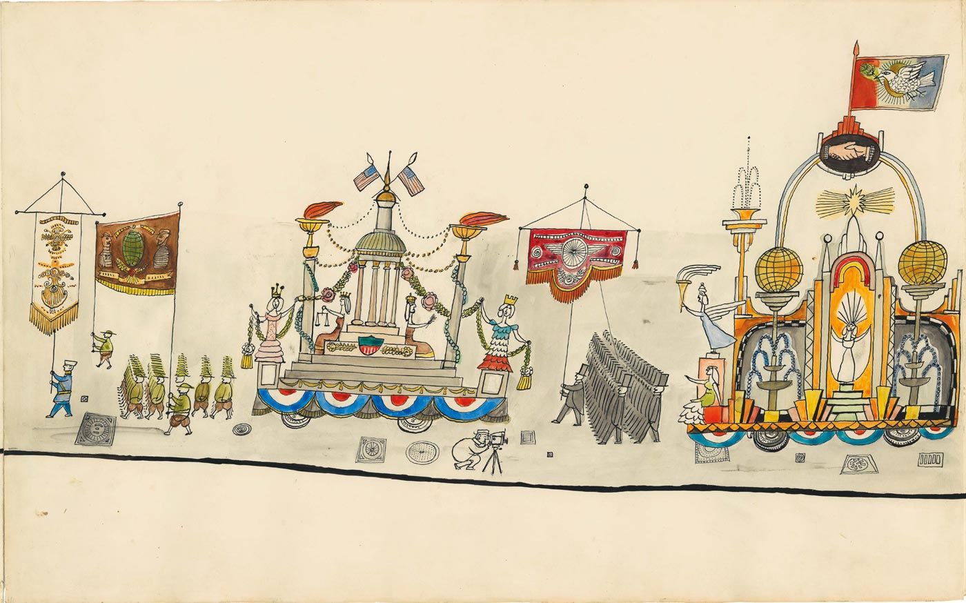 Three panels from Parade, 1950. Ink, wash, crayon, gold paper on paper, 14 9/16 x 23 1/16 each. The Metrpolitan Museum of Art, New York; Purchase, Elihu Root, Jr. Gift and Rogers Fund.