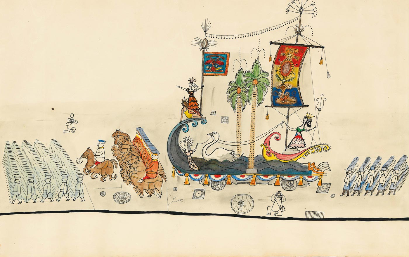 Three panels from Parade, 1950. Ink, wash, crayon, gold paper on paper, 14 9/16 x 23 1/16 each. The Metropolitan Museum of Art, New York; Purchase, Elihu Root, Jr. Gift and Rogers Fund. 