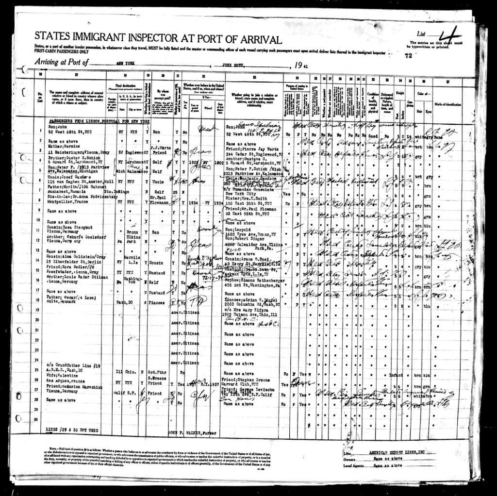 Left half (above) and right half (below) of the manifest of alien passengers for the SS Excalibur, June 21, 1941. Steinberg is entered at line 7; also aboard was the sculptor Ossip Zadkine, line 26.