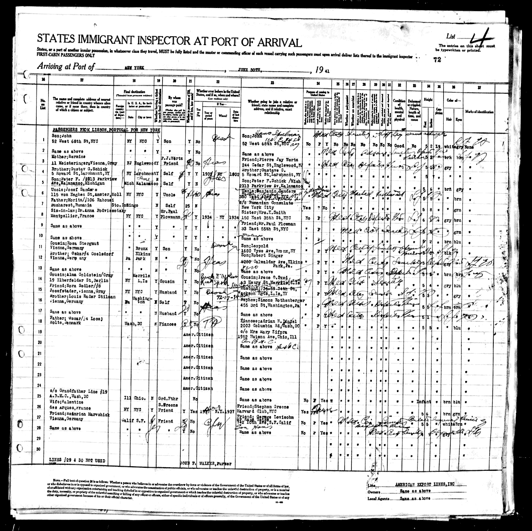 Manifest of alien passengers for the SS Excalibur, June 21, 1941. Left half (top), right half (bottom). Steinberg is entered at line 7.