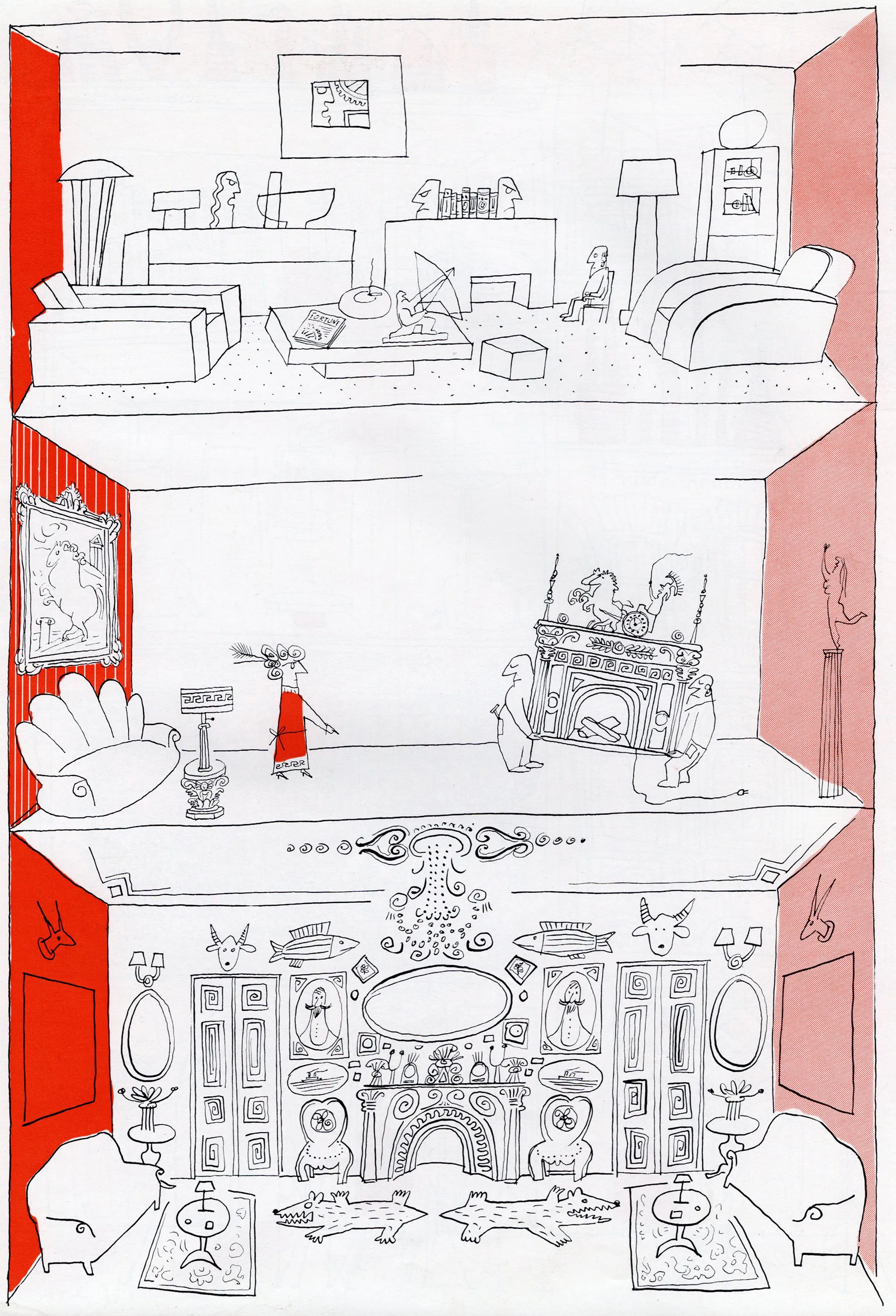 One of Steinberg’s drawings for his mural of Detroit at “An Exhibition for Modern Living,” as reproduced in the catalogue, with color added.