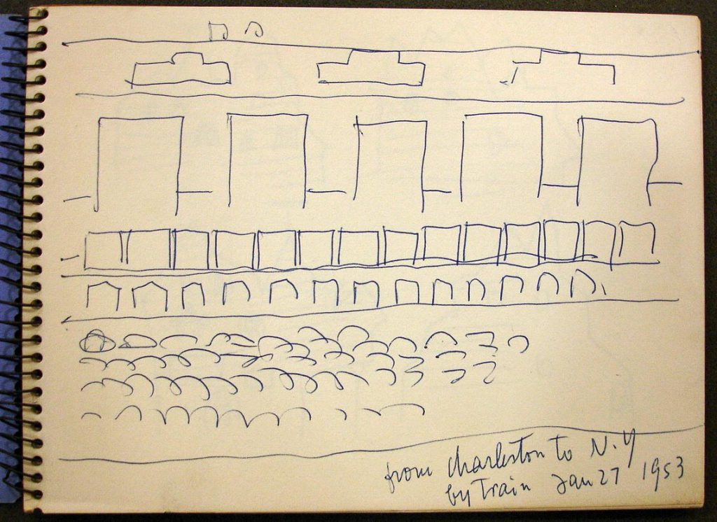 From Charleston to N.Y. by train, Jan 27, 1953. Page from a sketchbook. Saul Steinberg Papers, Beinecke Rare Book and Manuscript Library, Yale University.