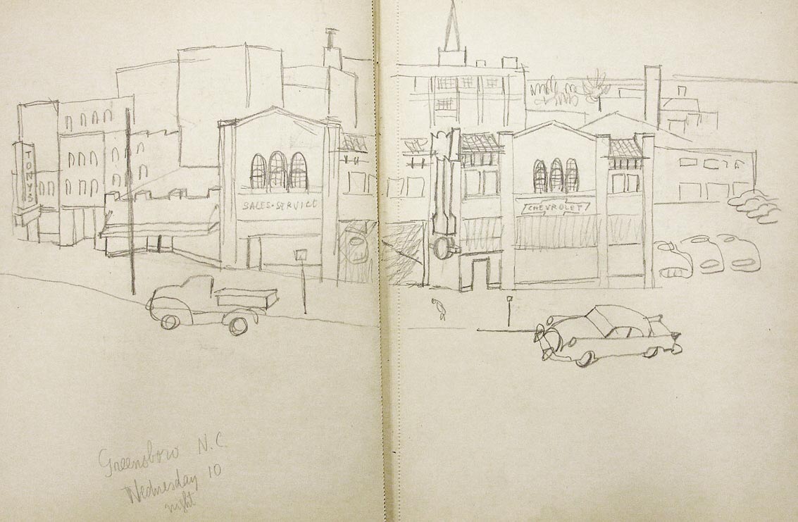 Greensboro N.C. Page from a 1954 sketchbook. Saul Steinberg Papers, Beinecke Rare Book and Manuscript Library, Yale University.