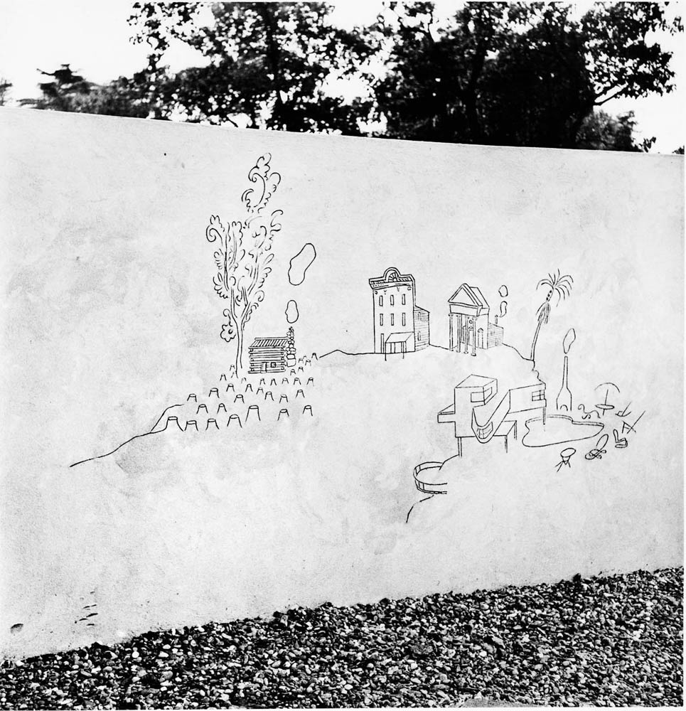 Wall of the “Children’s Labyrinth” with a section of Types of Architecture. Saul Steinberg Papers, Beinecke Rare Book and Manuscript Library, Yale University.