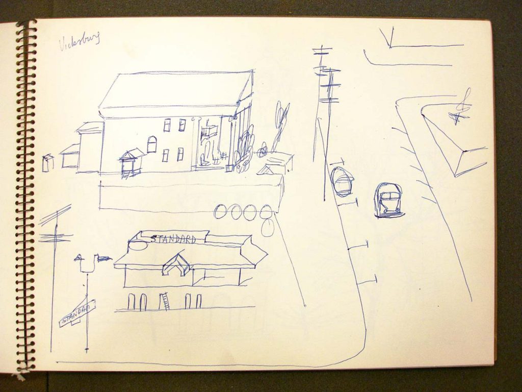 Vicksburg. Page from a 1955 sketchook. Saul Steinberg Papers, Beinecke Rare Book and Manuscript Library, Yale University.