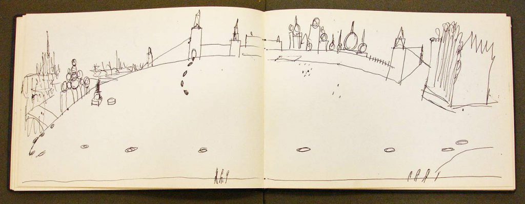 Page from Moscow sketchbook, 1956. Saul Steinberg Papers, Beinecke Rare Book and Manuscript Library, Yale University.