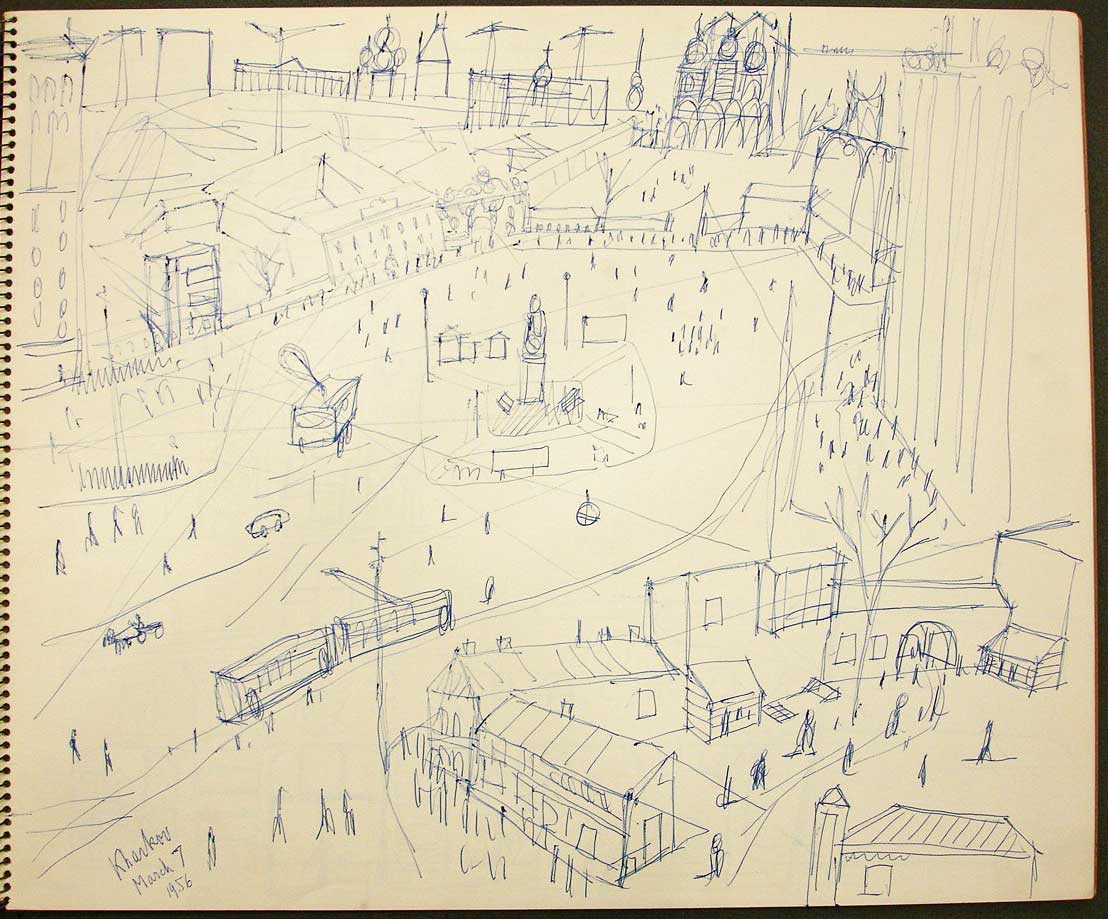 Kharkov, March 7, 1956. Page from a Russia sketchbook. Saul Steinberg Papers, Beinecke Rare Book and Manuscript Library, Yale University.