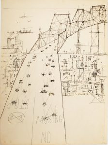 Background drawing for The Road—South and West, 1958. Ink and colored pencil on cardboard, 30 1/8 x 22 1/8 in. The Saul Steinberg Foundation.