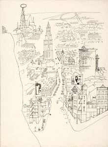 Background drawing for The Road—South and West, 1958. Ink on paper, 30 x 22 in. The Saul Steinberg Foundation.
