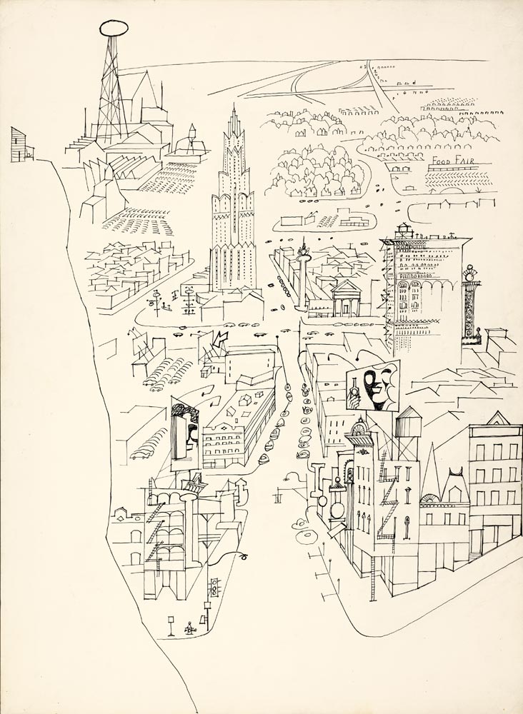Background drawing for The Road—South and West, 1958. Ink on paper, 30 x 22 in. Centre Pompidou, Paris; Gift of The Saul Steinberg Foundation.