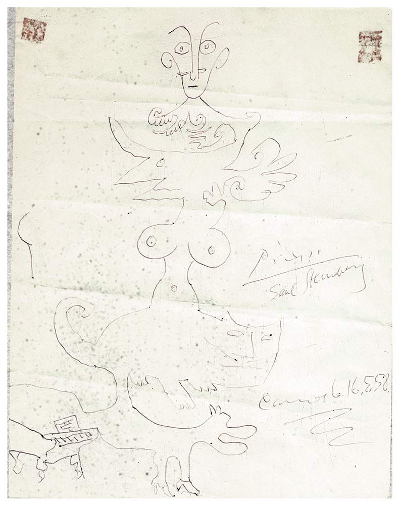 Exquisite Corpse drawing made with Picasso, May 16, 1958. Ink on paper, 10 ¼ x 6 ¾ in. Private collection.