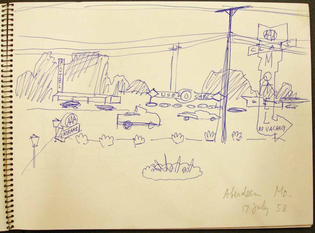 Three pages from a sketchbook with drawings of the American South, 1958. Saul Steinberg Papers, Beinecke Rare Book and Manuscript Library, Yale University.