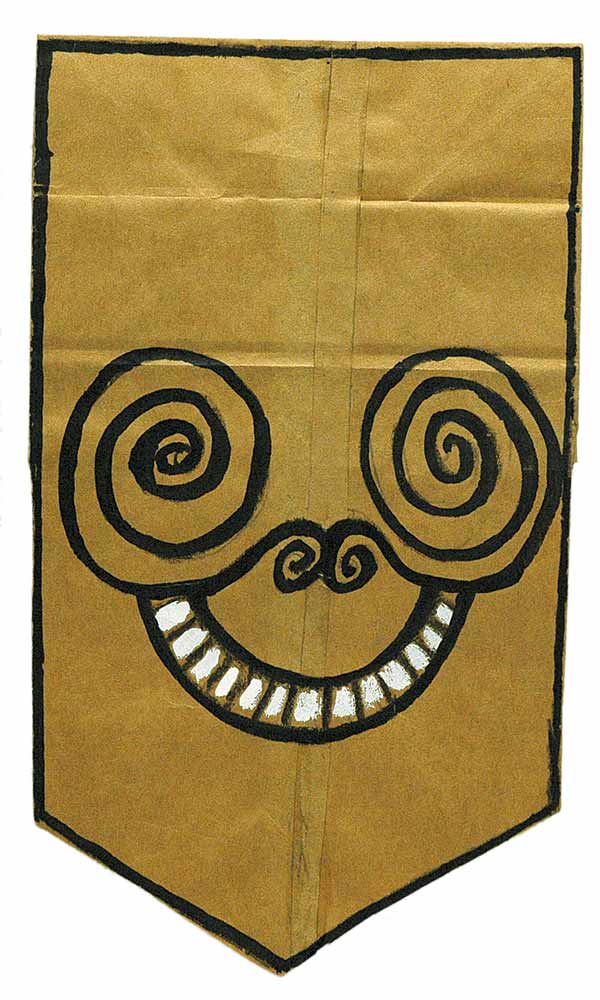 Mask, 1961-62. Ink over pencil and oil on brown paper bag, 13 x 7 ½ in. The Art Institute of Chicago; Gift of The Saul Steinberg Foundation.