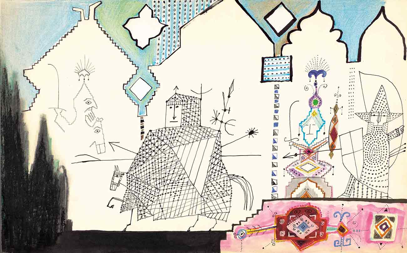 Drawing for one of the backdrops for Rossini’s comic opera, The Count Ory at the Juilliard Opera Theater, New York, 1959. Ink, watercolor, and colored pencil on paper, 14 ½ x 23 in. The Saul Steinberg Foundation.