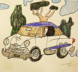 Sigrid in the 1953 Chevrolet, 1961. Page from a sketchbook. Saul Steinberg Papers, Beinecke Rare Book and Manuscript Library, Yale University.
