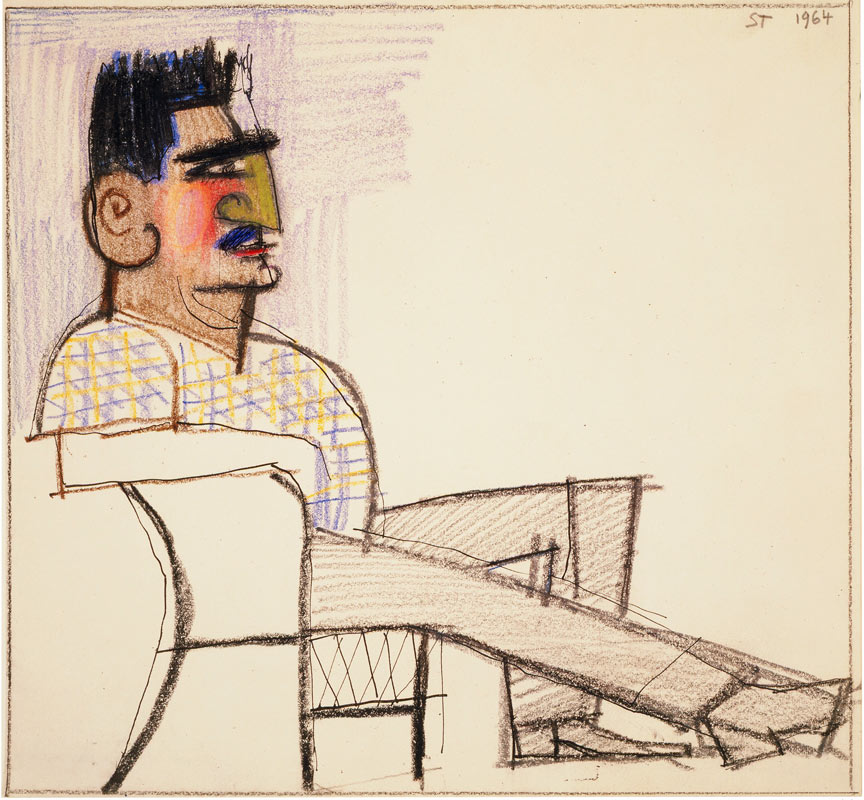 Harold Rosenberg, 1964. Colored pencil, crayon, pencil, and ink on paper, 9 ½ x 10 ¼ in. The Saul Steinberg Foundation.