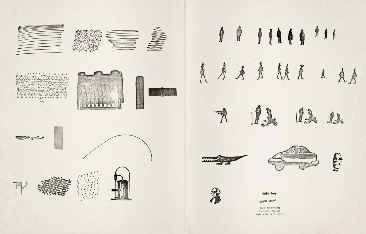 Two pages from Steinberg’s inventory of custom-made rubber stamps. 14 ½ x 23 each. The Morgan Library & Museum; Gift of The Saul Steinberg Foundation.