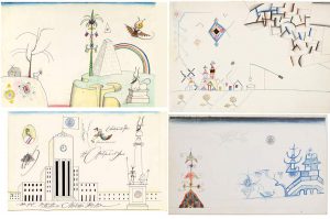 Steinberg’s four drawings for backdrops for the Seattle Opera Company’s production of Stravinsky’s The Soldier’s Tale, 1967. Mixed media, 14 ½ x 23 in. each. The Saul Steinberg Foundation.