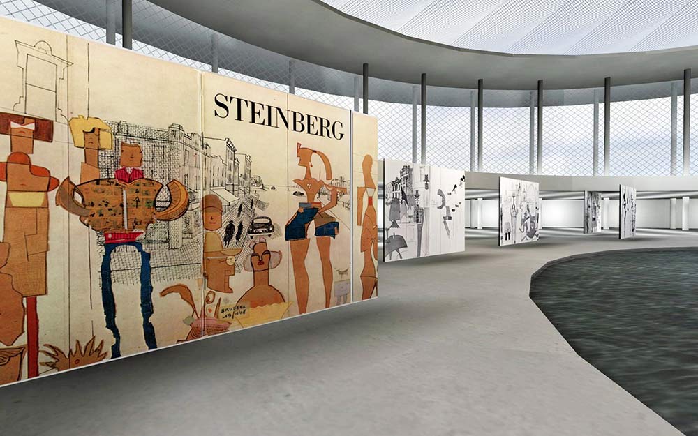 Installation shot of “Steinberg: ‘The Americans.’ Aquarelles, Dessins et Collages 1955–1967” at the Musées royaux des Beaux-Arts de Belgique, Brussels, March 1967.