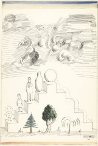 Biography, 1965. Ink, watercolor, and pencil on paper, 22 x 15 in. The Art Institute of Chicago; Gift of The Saul Steinberg Foundation.