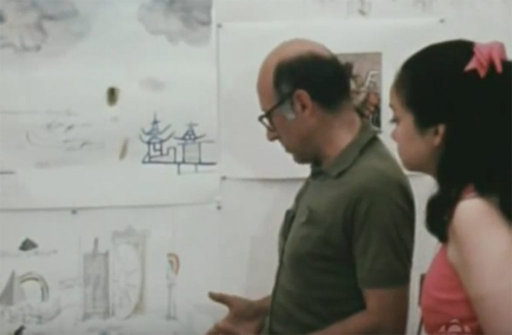 Two frames from Adrienne Clarkson’s TV interview with Steinberg for Take 30 in New York, Canadian Broadcasting Company, 1967.