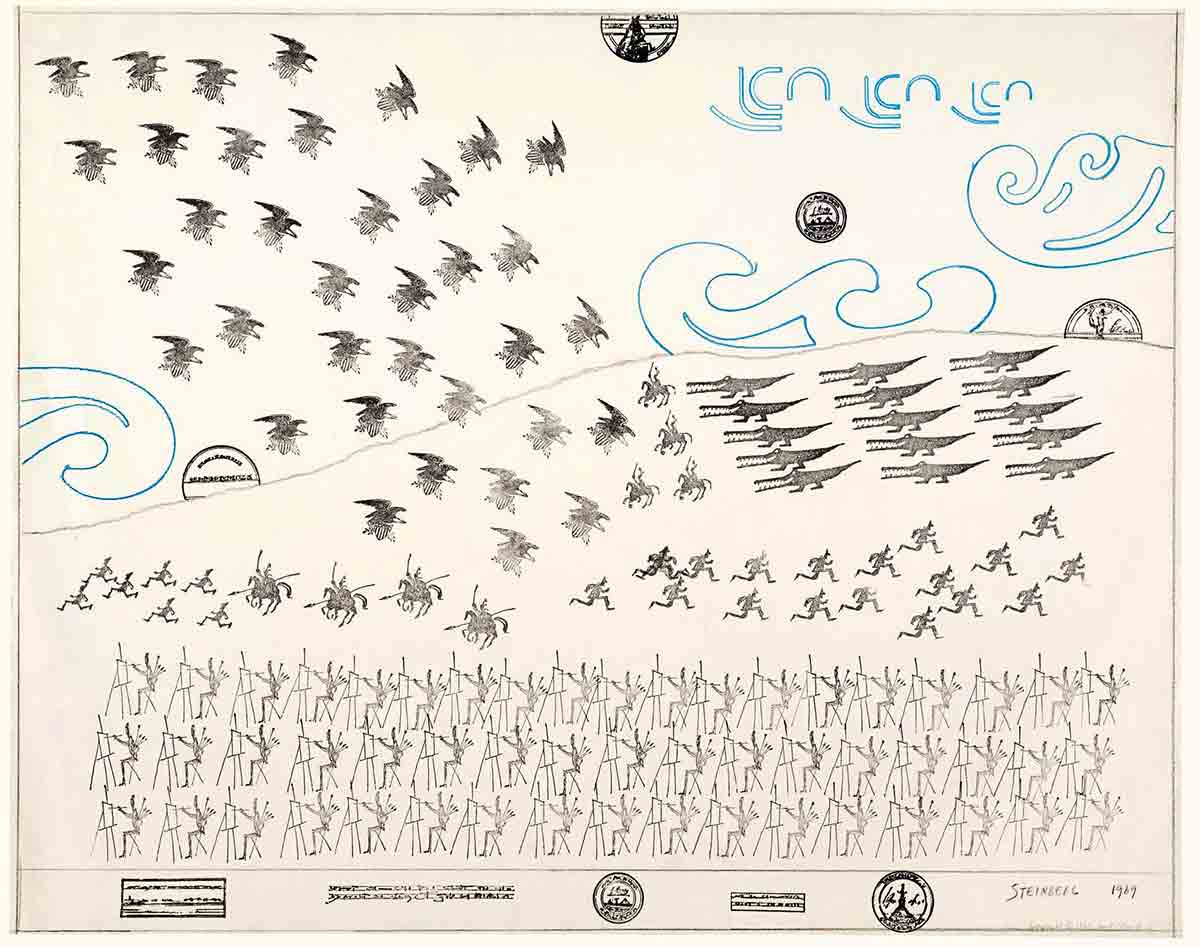 <em>Artists and War</em>, 1969. Rubber stamps, pencil, and colored pencil on paper, 23 x 29 in. National Gallery of Art, Washington, DC; Gift of The Saul Steinberg Foundation.